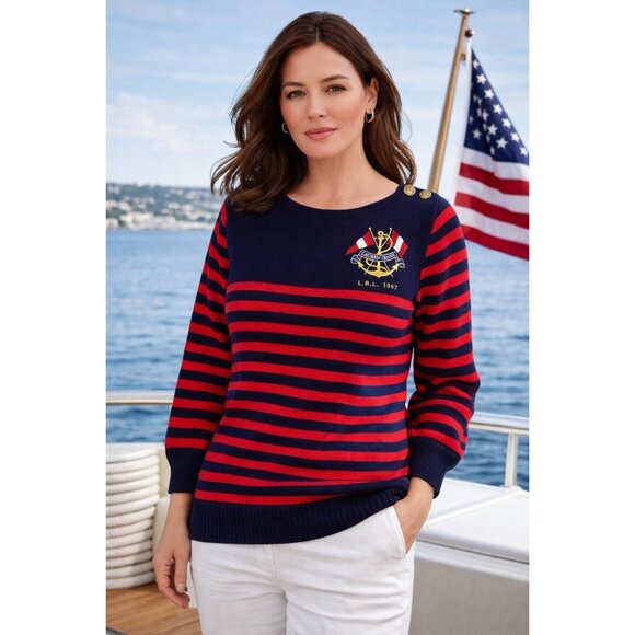 Lauren Ralph Lauren Sweaters - Ralph Lauren Jeans Co Womens Sweater Sz Medium Navy Blue Red Stripe Crested